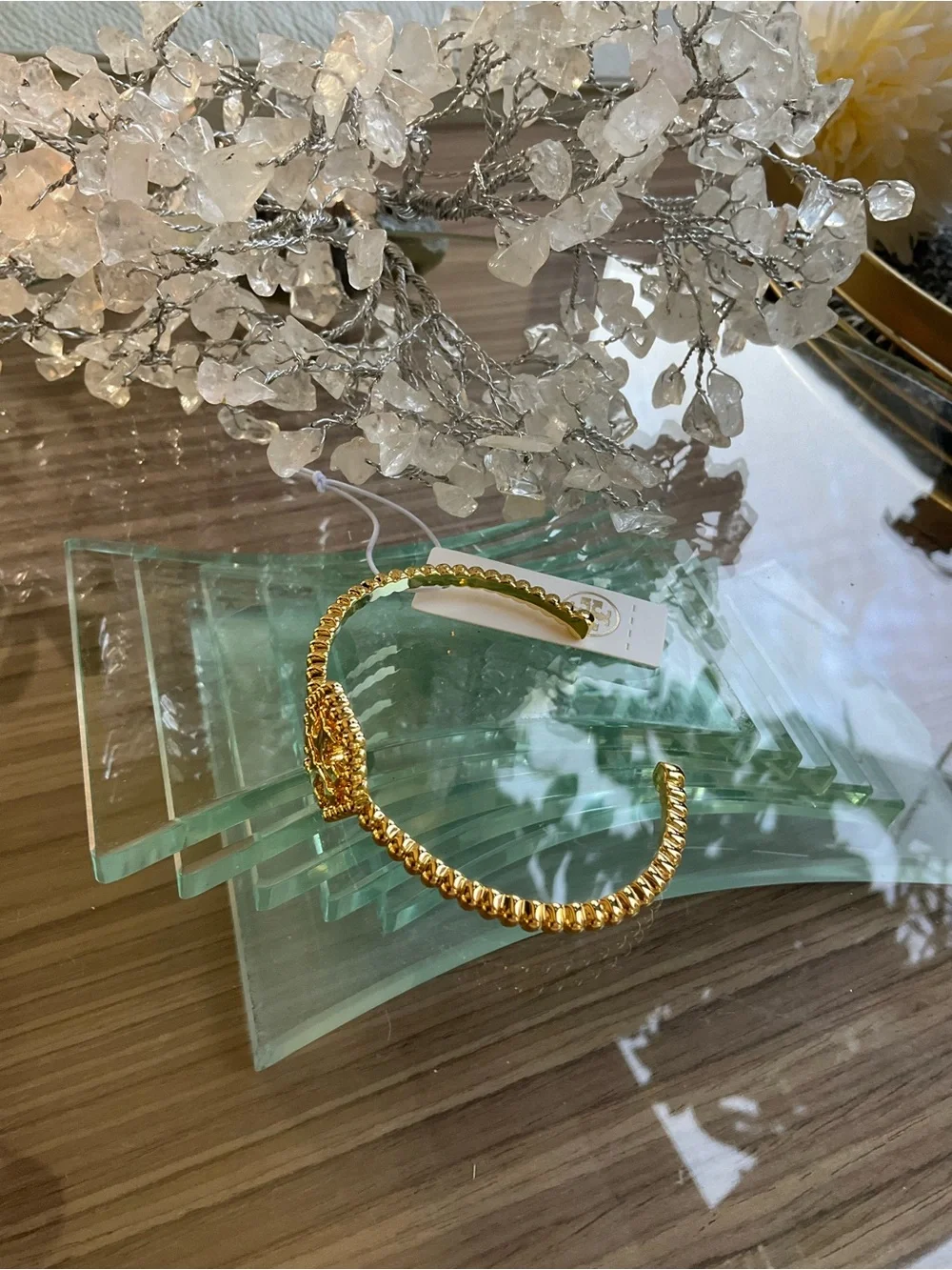 Tory Burch Hexagon Gold Logo Beaded Cuff Bracelet